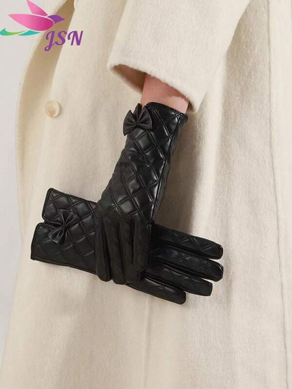 1 Pair Rhombus Pattern Casual Elegant PU Leather Bow Touchscreen Full Finger Gloves, Versatile For Daily Wear, All Seasons, Autumn/Winter, Fashionable And Warm For Riding