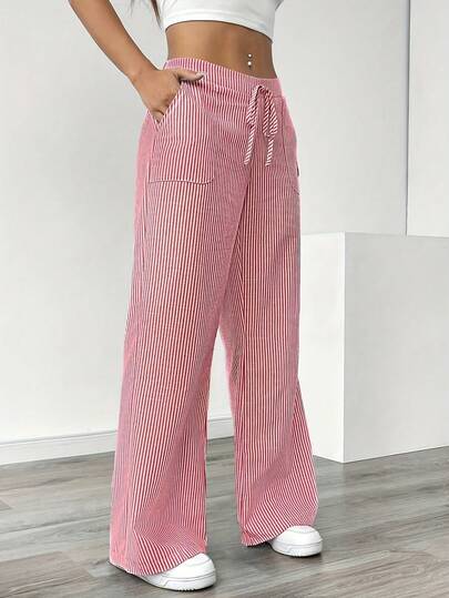 Women's Regular Elegant Striped Straight-Leg Pants, Casual Style, Drawstring Waist, Light Gray Vertical Stripes, Polyester Fabric, Side Pockets, All-Season Comfort, Versatile And Fashionable Pants | Zipper Drawstring Waistband | Flared Bottom Home Style