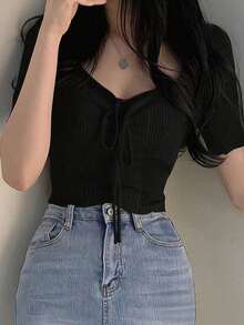 2025春夏新款蝴蝶结前襟女式短袖针织上衣 - 黑色 - 查看 2