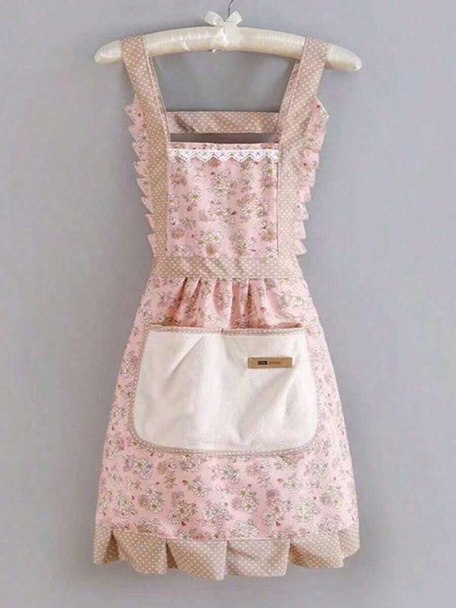 1pcs Cute Japanese Apron Maid Skirt Belt Kitchen Home Restaurant Workwear Women Coffee Workwear Apron, Home Work Adjustable Apron Floral Print Cake Kitchen Cooking Women Girls Apron With Pockets, Scrub Resistant Durable Wear Resistant Suitable For Kitchen Home And Work Apron Pretty Apron Kitchen - 粉色 - 查看 1