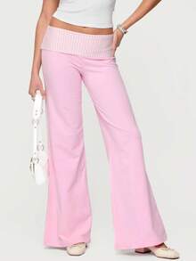 High-Waisted Flare Pants For Women - Vintage 70s Wide Leg Trousers With Roll-Up Hem , Casual/Office/Summer To Fall - 粉色 - 查看 1