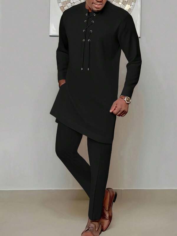 2 pièces Ensemble Dashiki noir pour hommes - Chemise à manches longues avec cordon de serrage, pantalon à taille élastique. Ensemble confortable et élégant inspiré de l'Afrique pour le port casual, les fêtes, les mariages et les événements culturels