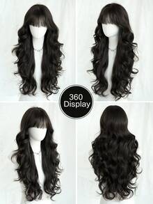 7JHH WIGS Stylish Noir Dark Brown Wigs Extra Long Wavy Wig With Bangs, High Density Heat-Resistant Fiber Hair, Fluffy Natural Synthetic Wigs For Women Daily Party Use 28 Inch Beginners Glueless Wig Accessories - 深棕色 - 查看 5