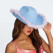 Womens Cowboy Hat, Adult Solid Color Furry Trim Wide Brim Hat Female Cap For Dating Party - Blue and Pink Feathers - View 4