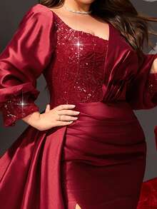 VIPGIRL Plus Size Wine Red Sequin Long Sleeve V-Neck High Slit Evening Gown, Heavy Beaded Formal Maxi Dress For Curvy Women, Slimming Banquet Dress, Luxury Couture Party Gown