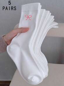 1/3/5/10/15/20双装 女士纯色甜美粉色蝴蝶结舒适简约产后袜，吸湿排汗中筒袜