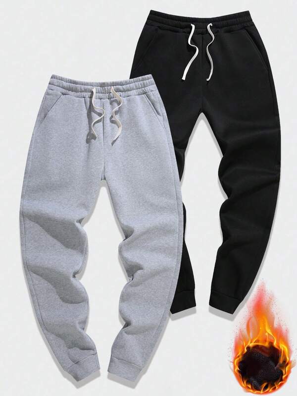 2pcs Men's Thermal Lined Solid Color Casual Sports Pants With Drawstring Waist And Side Pockets, Suitable For Street, Leisure And Outdoor Activities, Ideal Gift For Boyfriend/Husband