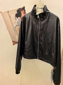 Women's Solid Black PU Leather Jacket, Stand Collar Zipper Pockets For Daily Commute & Outdoor Wear, Elastic Cuffs, Lined, Retro Regular Fit, New Spring/Autumn/Winter Coat