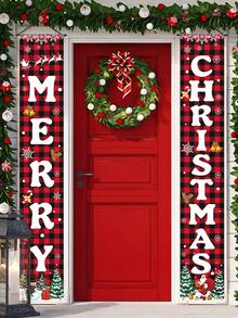 2pcs/Set Christmas Decoration Door Couplets, Red Black Plaid Santa Claus Snowman Pattern Door Banners, Merry Christmas Party Decoration Background Cloth, Christmas Indoor/Outdoor Porch Wall Decoration Hanging Flags, Christmas Entrance Door Front Door Decoration, Christmas Courtyard Garden Decoration