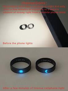 ATLVXJL 2 件套夜光情侣戒指，不锈钢字母“I LOVE YOU”月亮和太阳设计，休闲情侣首饰适合日常佩戴和情人节礼物 - 彩色 - 查看 3