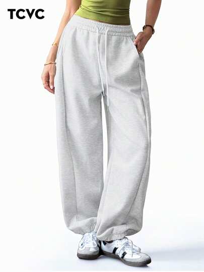TCVC 女士休闲高腰抽绳宽松慢跑裤，高弹力腰带，宽松舒适，适合运动、休闲穿着、返校季、秋冬季紧身裤