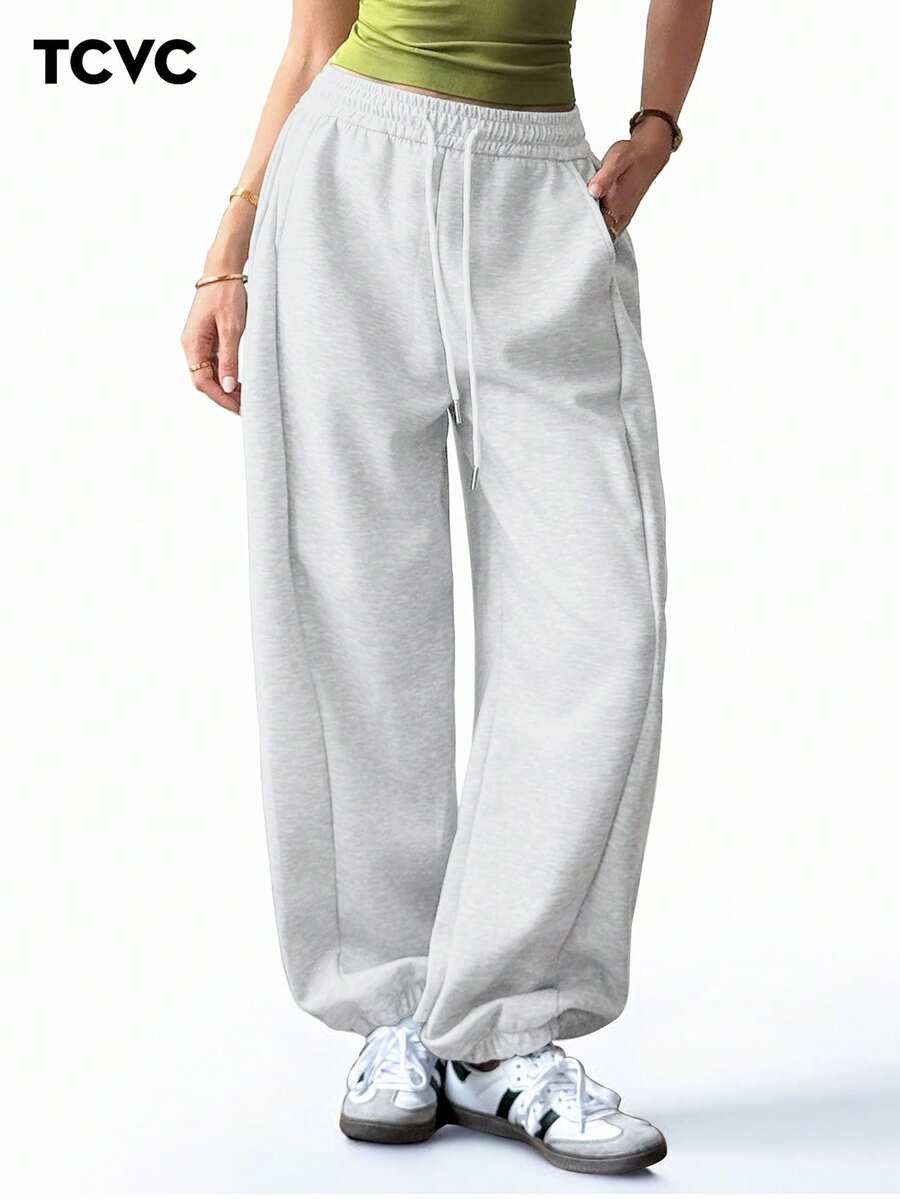 TCVC Women'S Casual High Waist Drawstring Loose Jogger Pants, High Elastic Waistband, Relaxed & Comfortable For Workout, Casual Wear, Back To School, Autumn/Winter Tights Spring Sports - Light Grey - View 1