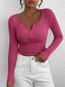 Women's Autumn Long-Sleeved Henry Shirt T-Shirt Button Ribbed Knit Fashion Tight Basic Top Shirt - Màu Hồng Tươi - Xem 5