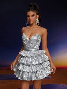 Váy dạ hội thời trang gợi cảm Anymoon, viền nhiều lớp không dây, thích hợp cho các lễ hội âm nhạc, lễ tốt nghiệp, tiệc về quê, tiệc tùng, tiệc cocktail và nhiều hơn nữa - Màu Xám nhạt - Xem 6