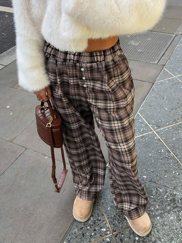 Pantalones anchos de mujer con cintura elástica suelta, estampado a cuadros y decoración de botones de contraste