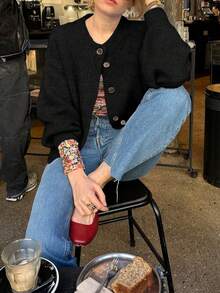 Just Masa 女士春季休闲优雅开衫，圆领纽扣长袖纯色宽松弹力简约时尚基础针织上衣，适合度假、旅行、海滩、通勤、约会、日常穿着 - 黑色 - 查看 5