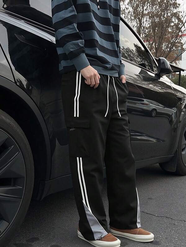Pantalon cargo à rayures et patchwork pour hommes, pantalon droit ample avec cordon de serrage à la taille, polyvalent pour le port quotidien, les sorties, l'extérieur, le style de rue, le printemps et l'automne