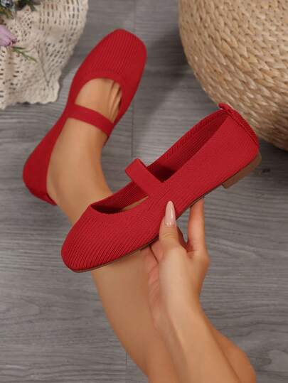 Women's Solid Color Knit Breathable Comfortable Mary Jane Flat Shoes