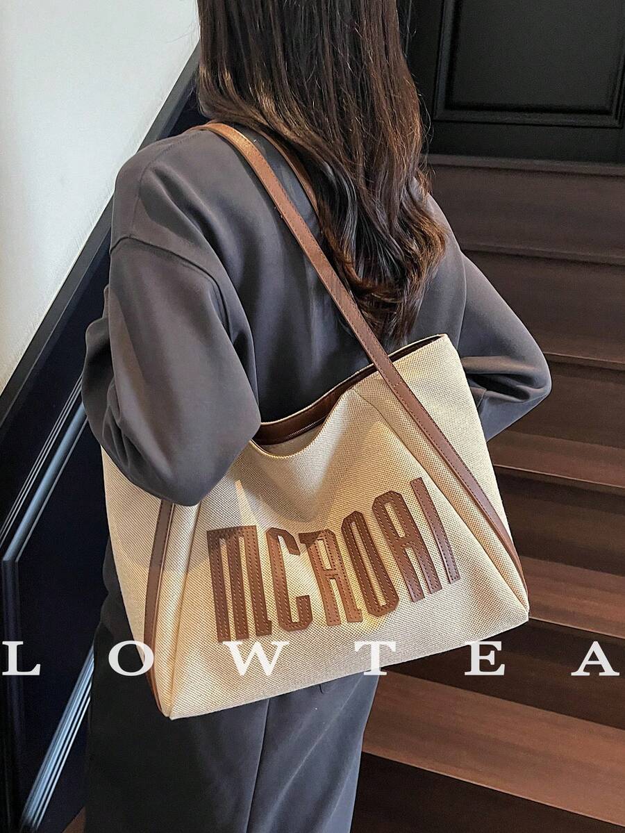 low tea 1 件纯色帆布单肩包，女士休闲复古时尚大容量拉链封口手提包，适合旅行、购物、约会、女士礼物，适合少女、大学生和办公室女士，非常适合办公室、学校、工作、商务、通勤、户外、旅行、野餐