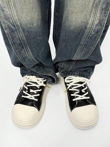 Wide Fit Men's Casual Sports Shoes Lace-Up Thick Sole Durable Sneakers, Fashion Solid Color Classics Versatile Trainers, Suitable For All Seasons