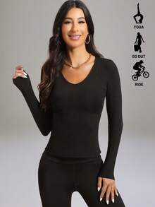 1pc Autumn/Winter Brushed V-Neck Long Sleeve Top, Solid Color Casual Versatile U-Hem Design Slim Fit, Suitable For Outerwear, Sports, Yoga, And Undershirt - Black - View 5