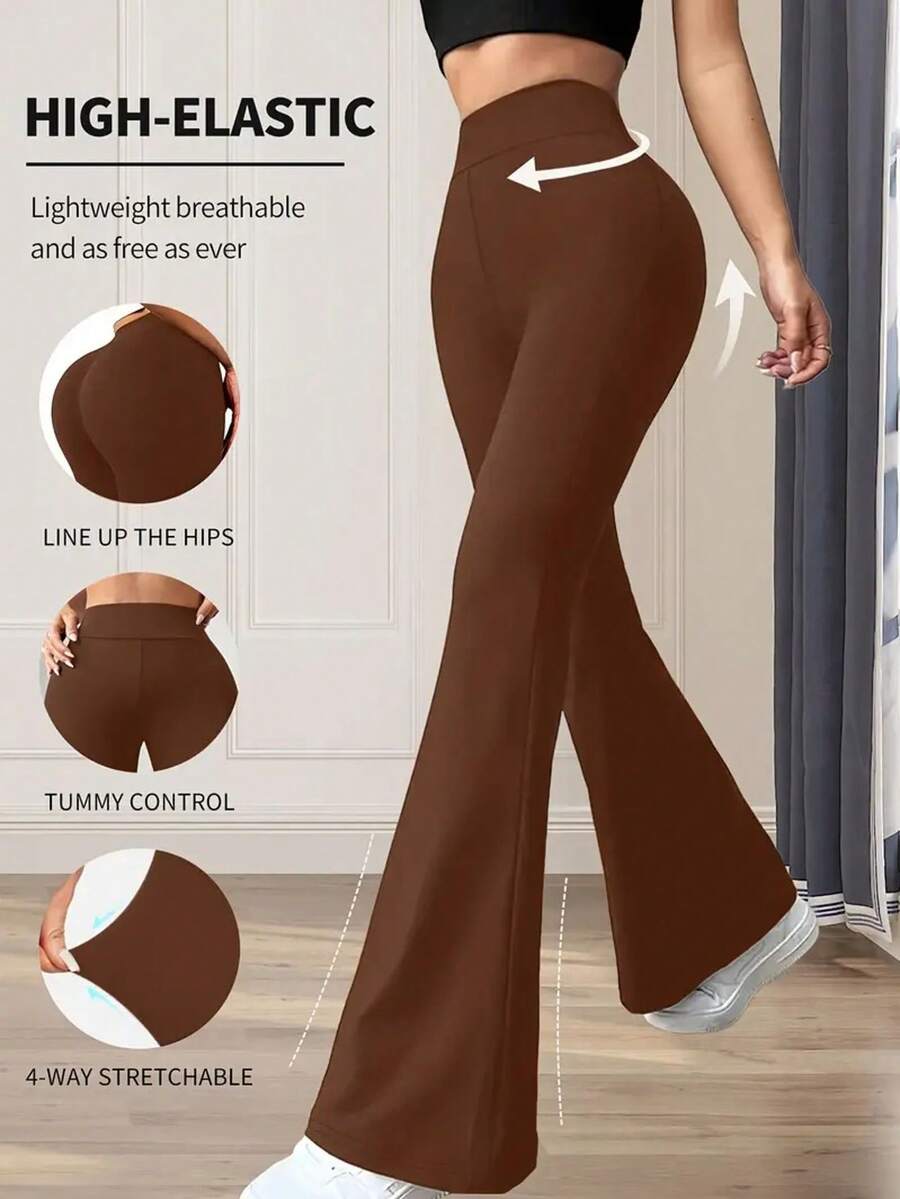 Women's Elegant High Waist Flared Pants - Regular Elastic Waistband, Mid-Rise, Elastic And Comfortable To Carry, Suitable For Spring And Autumn Office And Leisure And Sportswear - 棕色 - 查看 1