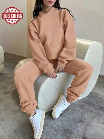 Pure Cotton Women's Long-Sleeved Sports Suit, College Style Spring And Summer New Sports Two-Piece Suit, Drape Fashion Soft Breathable Long-Sleeved Two-Piece Suit