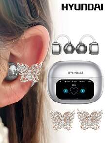 HYUNDAI 现代HY-C02时尚蓝牙耳机，配有蝴蝶耳夹，触控屏幕，多功能智能降噪，超长续航，高品质音乐和游戏体验，通话清晰，舒适的开放式无线耳机，无需耳洞，时尚耳饰，女士礼物 - 多色+玫瑰金蝴蝶耳飾 - 查看 13