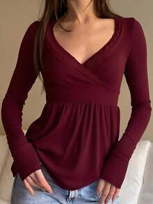 Awevudst Womens Rib Knitted Lace Trim Wrap V Neck Long Sleeve Peplum Tops Slim Fit Fairycore T-Shirts Harajuku Vintage Clothes Y2K Streetwear Blouse Tee Tops Casual Going Out Tops - 酒紅色 - 查看 1