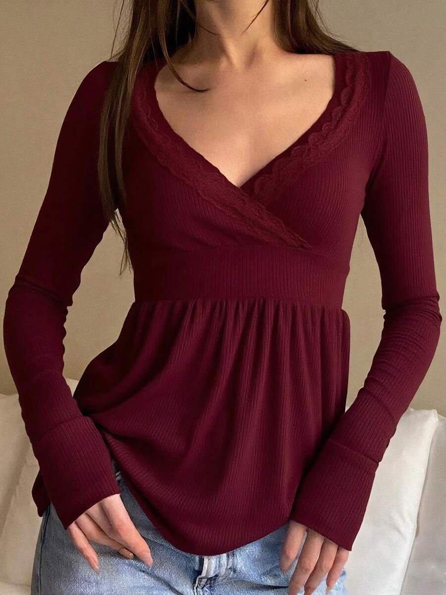 Awevudst Womens Rib Knitted Lace Trim Wrap V Neck Long Sleeve Peplum Tops Slim Fit Fairycore T-Shirts Harajuku Vintage Clothes Y2K Streetwear Blouse Tee Tops Casual Going Out Tops - 酒紅色 - 查看 1