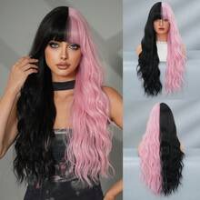 7JHH WIGS Stylish Half Black Half Pink Wigs Extra Long Wavy Wig With Bangs, High Density Heat-Resistant Fiber Hair, Fluffy Natural Synthetic Wave Curly Wigs For Women Halloween Party Use 28 Inch Cosplay Costume Wig Accessories - 拼色 - 查看 10