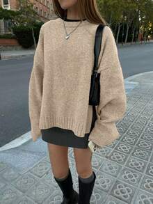 Senya Women's Autumn And Winter Crew Neck Long Sleeve Lightweight Knitted Wool Sweater, Side Slit Straight Sleeve Design Sweater Top, Daily Commuter Versatile Knitted Pullover,New Year - Khaki - View 6