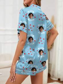 Printstory Custom Women's Satin Pajama Set, Printable With Any Pattern, Personalized Gift, Suitable For Home, Friends And Holiday Parties - Blue - View 2
