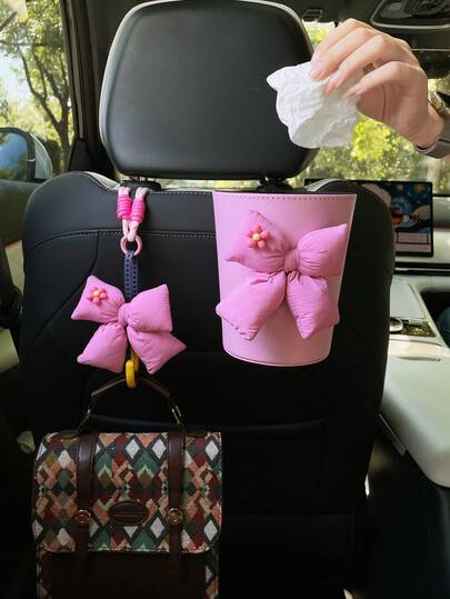 汽车座椅靠背蝴蝶结装饰套装 - 汽车垃圾桶 + 衣架，可爱的内饰配件挂饰