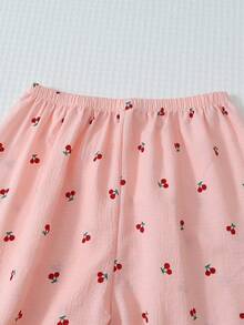 طقم بيجامة مطبوع بالكرز 2 قطعة، ملابس علوية بياقة وأزرار طويل الأكمام وبنطلون، ملابس نوم وملابس منزلية للنساء، مناسبة للخريف/الشتاء