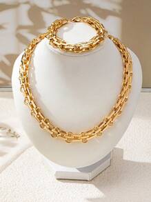 1 Set Punk Style Metal Exaggerated Thick Chain Bracelet And Necklace - Yellow Gold - View 6