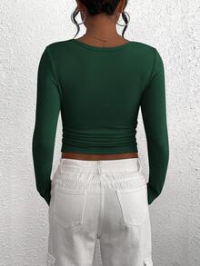 Women's Autumn Long-Sleeved Henry Shirt T-Shirt Button Ribbed Knit Fashion Tight Basic Top Shirt - Màu xanh lá cây đậm - Xem 6