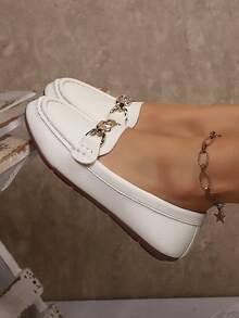 Nowe, lekkie, płaskie, wsuwane mokasyny w dużych rozmiarach, wygodne, lniane, w jednolitym kolorze, do codziennego użytku, do pracy, na wakacje, z oddychającej skóry, z łatkami, ręcznie robione, proste i eleganckie buty damskie - Biały - Zobacz 2