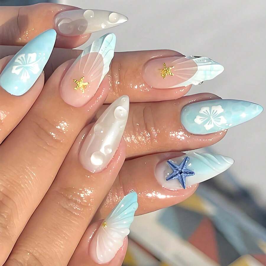 Summer Ocean Press On Nails Medium Almond Fake Nails 3D Blue Starfish False Nails With Gold Bead Charms Design Acrylic Nails White Flowers Glue On Nails Waves French Tip Stick On Nails For Women 24Pcs,17114401 - Đồng - Xem 1