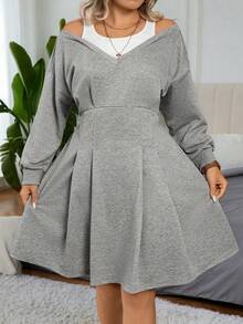Vestido casual de línea A con recortes y hombros caídos para mujer, talla grande, otoño/invierno