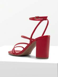 Women Wide-Fit Chunky Block High Heeled Sandals, Fashion Thin Strap Open Toe High Heeled Sandals Wedding Party Dress Shoes - 紅色 - 查看 3
