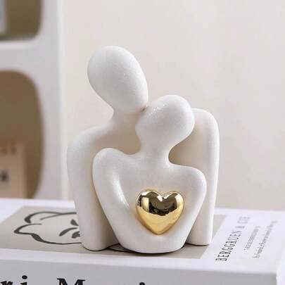 1 pezzo Statuetta astratta dorata a forma di cuore, decorazione di abbraccio di coppia per la casa, decorazione da camera da letto per ufficio e studenti, miglior regalo di Natale, decorazione natalizia invernale, decorazione per matrimonio, decorazione per la casa, ornamenti per gioielli, decorazioni per feste (cappello di paglia non incluso)