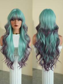 7JHH WIGS Lcy Green Purple Ombre Wigs Loose Extra Long Wavy Wigs For Women, Synthetic Wave Curly Wig With Bangs, Silky Soft Heat Resistant Fiber Hair For Halloween Cosplay Wear, Music Festivals Celebrations Party Use 30 Inch - 漸層藍色 - 查看 6