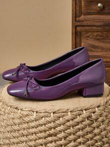 MonaNise 女士方头 3 厘米高跟鞋，适合工作、通勤、晚宴，复古蝴蝶结装饰，海军蓝，时尚百搭的休闲一脚蹬鞋 - 紫色 - 查看 6