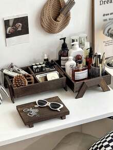 1pc Elegant Wooden Desktop Makeup Organizer Tray, Chinese Retro Style Table Top Storage Rack Travel Storage Organizer Sun Travel Cool, Room Decor - Brown - View 9