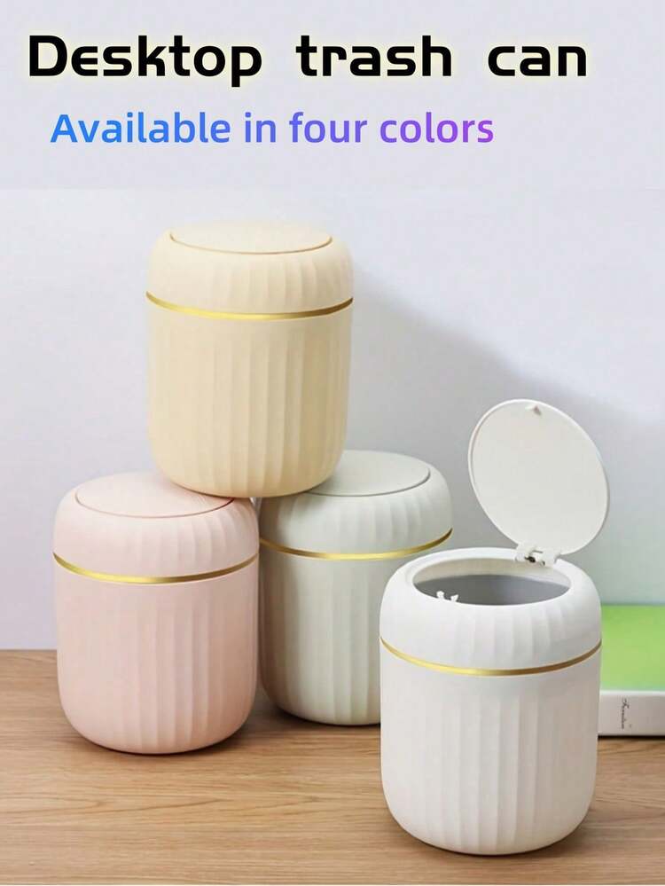 1pc Mini Cute Desktop Trash Can With Lid, Suitable For Bedroom, Office, Kitchen, Bathroom And Other Home Spaces. This Compact Plastic Trash Can With Flip Lid Is Perfect For Placing On The Desktop. - Multicolor - View 1