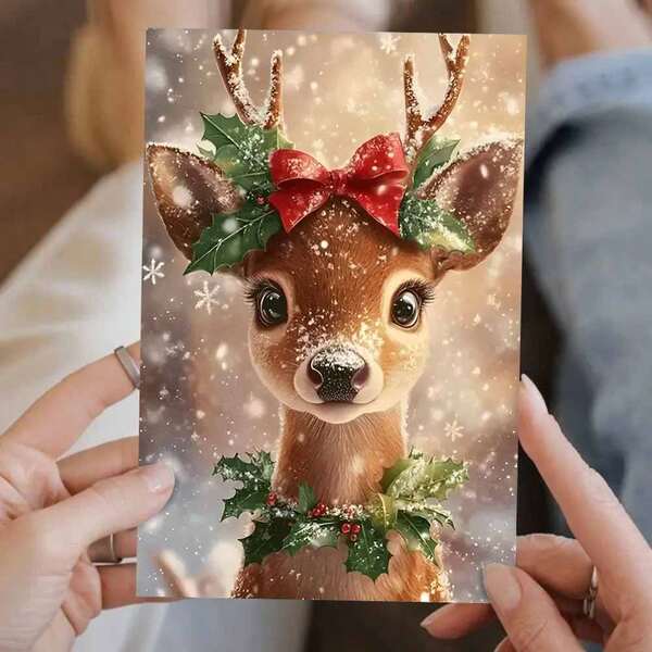 1 cartão de Natal elegante com veado – design de país das maravilhas do inverno (11,9 x 16,2 cm + envelope combinando) | Ilustração de frutas vermelhas e flocos de neve | Saudação de Natal de qualidade premium | Perfeito para família, amigos e colegas | Cartão de lembrança festiva