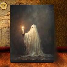 1幅2D帆布墙画 - 烛光幽灵，恐怖万圣节装饰，纹理实木画框，可直接悬挂，适用于客厅、卧室、办公室、餐厅，是节日和母亲节的理想礼物，耐用的2D平面画，16 x 24.1英寸，万圣节装饰，2D平面画，完美的房间装饰 - 彩色 - 查看 1