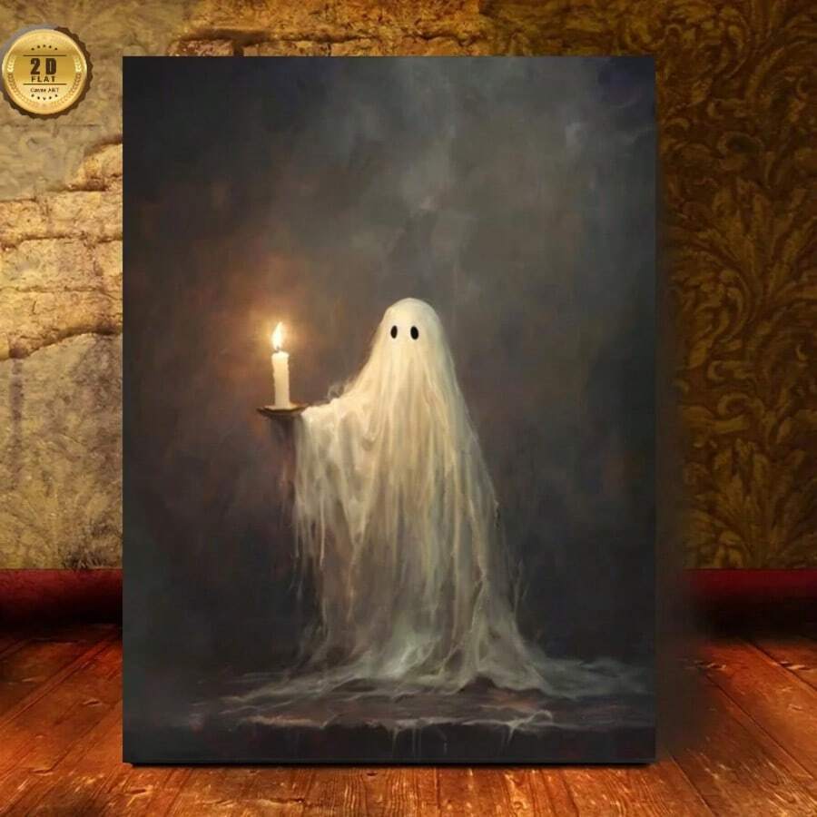1幅2D帆布墙画 - 烛光幽灵，恐怖万圣节装饰，纹理实木画框，可直接悬挂，适用于客厅、卧室、办公室、餐厅，是节日和母亲节的理想礼物，耐用的2D平面画，16 x 24.1英寸，万圣节装饰，2D平面画，完美的房间装饰 - 彩色 - 查看 1