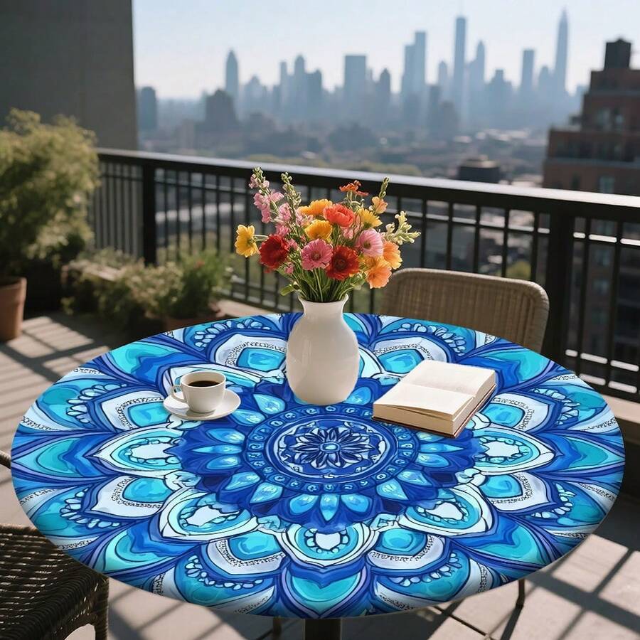 1/36 piezas Mantel redondo de 48 in/54 in con estampado digital de patrón retro y contraste bohemio, mantel elástico para protección, resistente a arañazos, adecuado para uso diario, interior/exterior, decoración del hogar, idea de regalo, camping, viaje